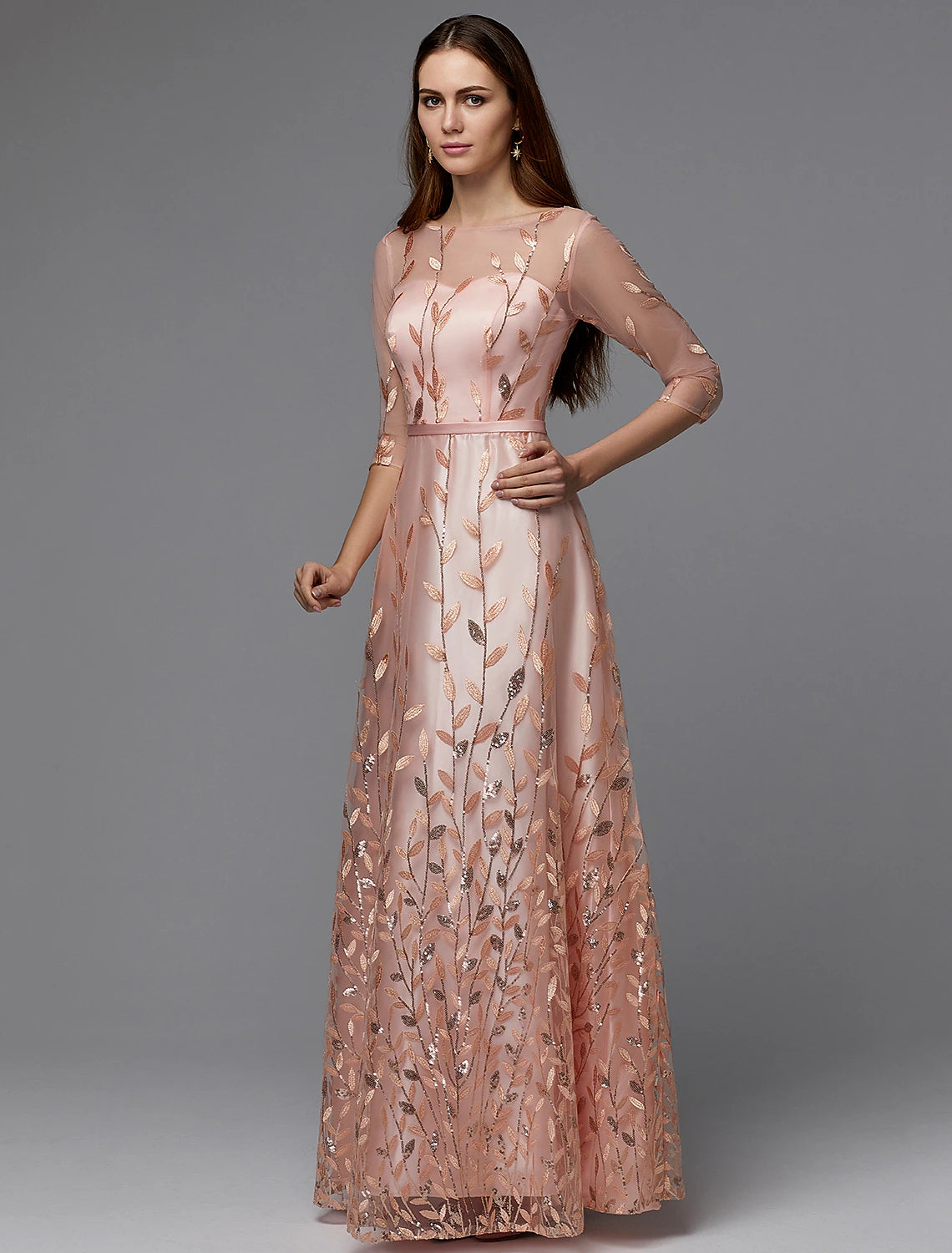 Robe trapèze à fleurs Weitese pour la Saint-Valentin, longueur au sol, manches 3/4, col illusion, robe de demoiselle d'honneur, dentelle avec motifs/imprimés appliqués